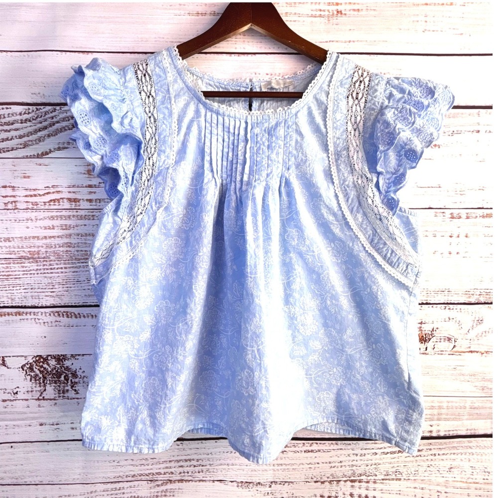 Eyelet Lace Ruffle Blouse Jennifer Grace L Blue Cotton Babydoll Coquette Cottage